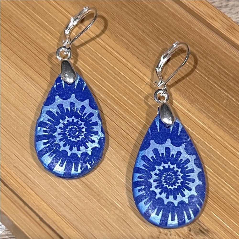 Czech Glass Laser Etched Ammonite On Textured Cobalt Teardrop Pendant Earrings